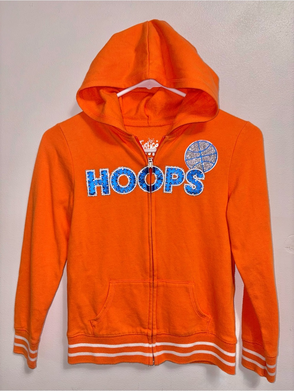 Justice Orange Hoodie with Blue 'HOOPS' Graphic